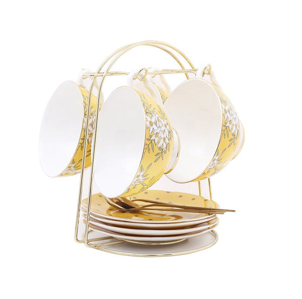 Creative Yellow Ceramic Coffee Cups, Unique Flower Coffee Cup and Saucer, Beautiful British Tea Cups, Creative Porcelain Tea Cup Set-LargePaintingArt.com