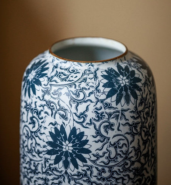 Centerpiece on Dining Table, Large Blue Flower Vase on Table, Vintage Bouquet Flower Vases, Handmade Porcelain Flower Vases Urn, Water Holding Flower Vases-LargePaintingArt.com