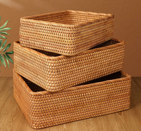Rectangular Storage Basket for Living Room, Small Kitchen Storage Baskets, Woven Storage Baskets, Rattan Storage Baskets for Shelves-LargePaintingArt.com