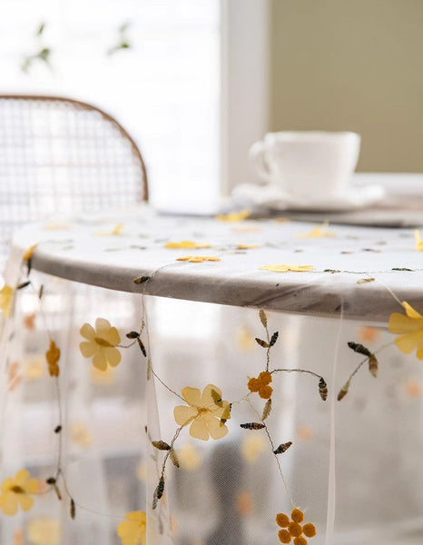 Yellow Flower Lace Tablecloths, Extra Large Rectangular Tablecloth for Oval Table, Lace Embroidered Table Covers, Rectangular Table Covers for Coffee Table-LargePaintingArt.com