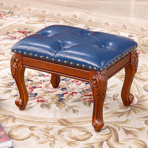 Vanity Stool, Genuine Leather Solid Wood Entry Bench, Solid Wood Ottoman, Rubberwood Entry Bench, Vintage Entry Stool-LargePaintingArt.com