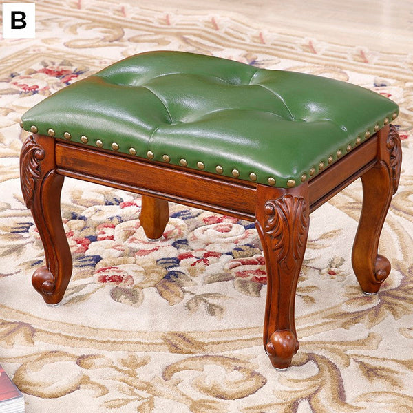 Vanity Stool, Genuine Leather Solid Wood Entry Bench, Solid Wood Ottoman, Rubberwood Entry Bench, Vintage Entry Stool-LargePaintingArt.com