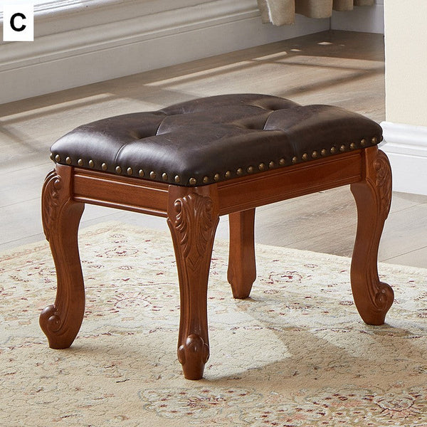 Vanity Stool, Genuine Leather Solid Wood Entry Bench, Solid Wood Ottoman, Rubberwood Entry Bench, Vintage Entry Stool-LargePaintingArt.com