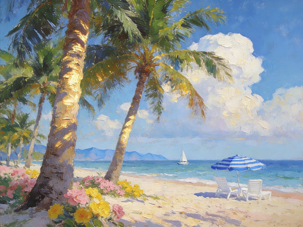 Small Landscape Paintings, Sunlit Tropical Shore, Flowers, Lounge Chairs and Calm Seas, On Canvas Small Paintings, Original Wall Art Paintings, Original Artwork Small Paintings, Impasto Artwork, Small Wall Paintings-LargePaintingArt.com