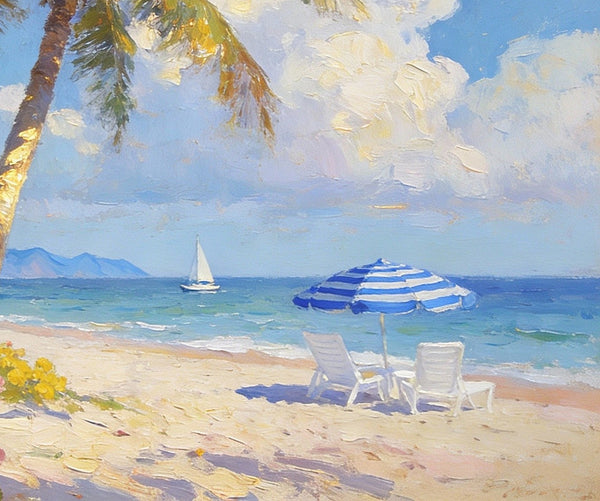 Small Landscape Paintings, Sunlit Tropical Shore, Flowers, Lounge Chairs and Calm Seas, On Canvas Small Paintings, Original Wall Art Paintings, Original Artwork Small Paintings, Impasto Artwork, Small Wall Paintings-LargePaintingArt.com