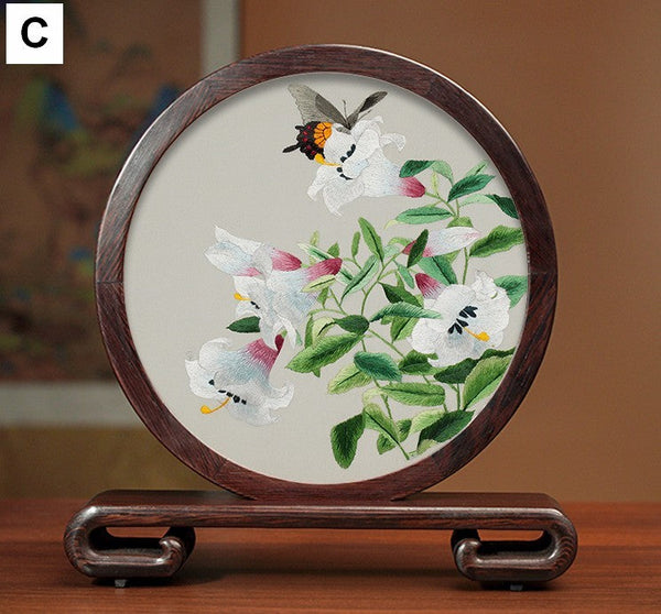 Elegant Silk Embroidery Ornaments, Traditional Chinese Suzhou Flower and Birds Silk Embroidery, Exclusive Business Presents, Creative Birthday Gift, Premium Souvenir-LargePaintingArt.com