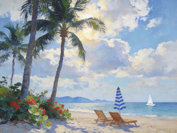 Small Wall Paintings, A Leisurely Florida Beach Holiday, Landscape Canvas Paintings, On Canvas Small Paintings, Hand Painted Canvas Art, Simple Painting Ideas-LargePaintingArt.com