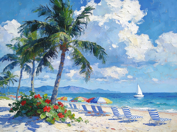 Florida Beach Vacation, Seashore Sail Boat Painting, Original Small Paintings on Canvas, Small Paintings on Canvas, Hand Painted Canvas Art, Small Landscape Paintings-LargePaintingArt.com