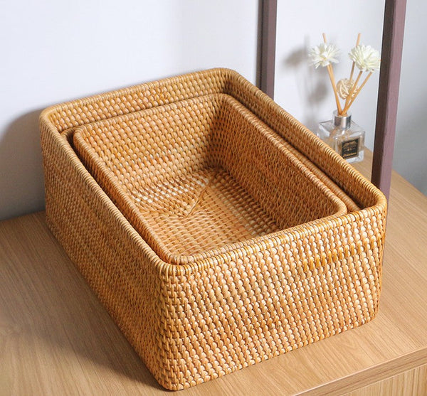 Rectangular Storage Basket for Living Room, Small Kitchen Storage Baskets, Woven Storage Baskets, Rattan Storage Baskets for Shelves-LargePaintingArt.com