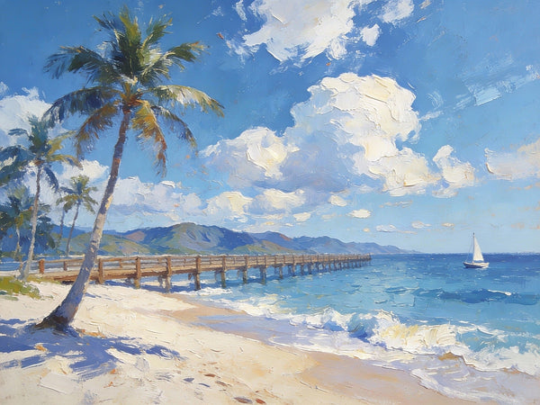 Small Oil Paintings on Canvas, A Sunny Florida Beach, Small Wall Paintings, Landscape Canvas Paintings, Hand Painted Artwork, Original Oil Paintings-LargePaintingArt.com
