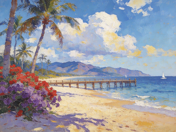 A Pier Path to the Sea and Sky, Palette Knife Artwork, Landscape Canvas Paintings, Small Oil Paintings on Canvas, Hand Painted Canvas Art, Original Oil Paintings-LargePaintingArt.com