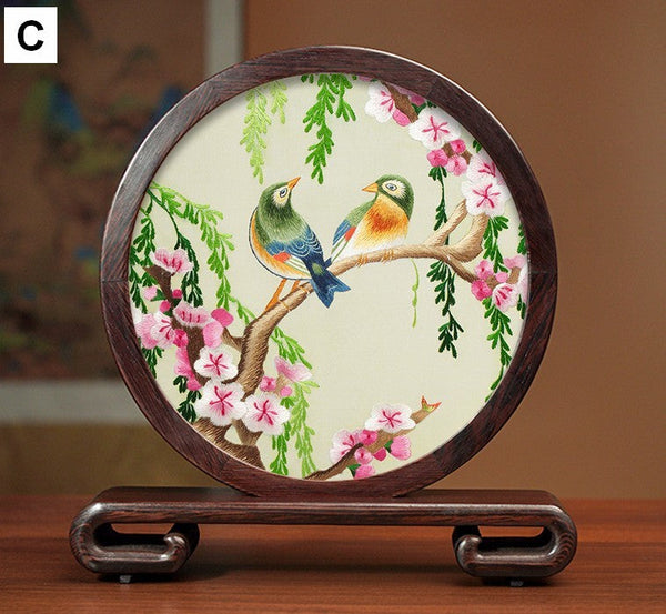 Creative Birthday Gift, Premium Souvenir, Elegant Silk Embroidery Ornaments, Traditional Chinese Suzhou Flower and Birds Silk Embroidery, Exclusive Business Presents-LargePaintingArt.com