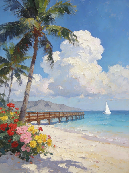 Landscape Canvas Paintings, A Coastal Scene with Blossoms and Blue Waters, Original Artwork Small Paintings, Hand Painted Canvas Art, On Canvas Small Paintings, Palette Knife Artwork-LargePaintingArt.com