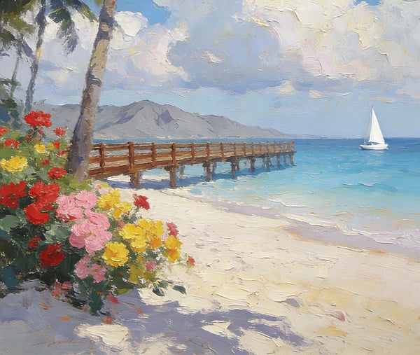 Landscape Canvas Paintings, A Coastal Scene with Blossoms and Blue Waters, Original Artwork Small Paintings, Hand Painted Canvas Art, On Canvas Small Paintings, Palette Knife Artwork-LargePaintingArt.com