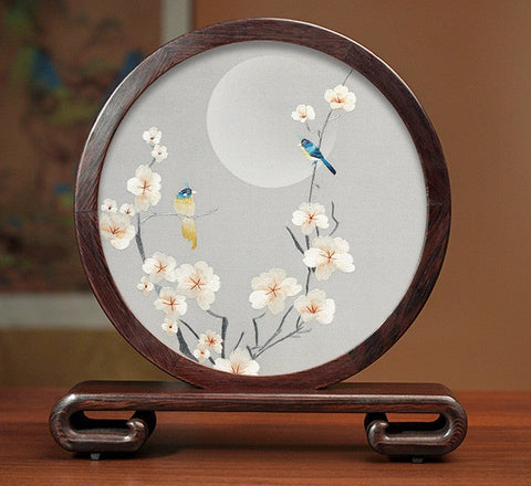 Premium Souvenir, Creative Birthday Gift, Elegant Silk Embroidery Ornaments, Traditional Chinese Suzhou Flower and Birds Silk Embroidery, Exclusive Business Presents-LargePaintingArt.com