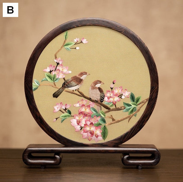 Exclusive Business Present, Flower and Bird Embroidered Decor, Unique Birthday Gift, Traditional Chinese Suzhou Embroidery Ornament, Premium Souvenir-LargePaintingArt.com