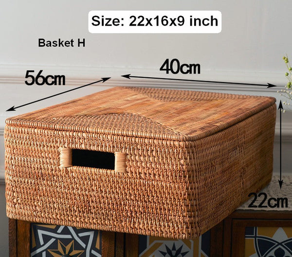 Extra Large Storage Baskets for Clothes, Oversized Rectangular Storage Basket with Lid, Wicker Rattan Storage Basket for Shelves, Storage Baskets for Bedroom-LargePaintingArt.com