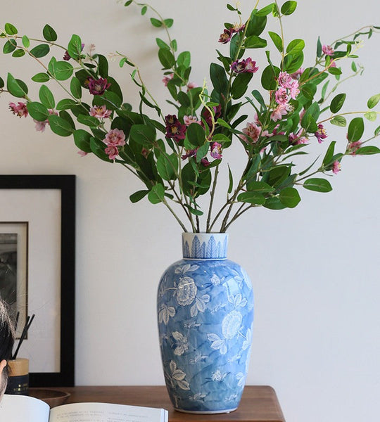 Centerpiece Ceramic Bouquet Vases, Handmade Modern Flower Vase, Large Flower Vases on Dining Table, Blue Porcelain Flower Vases-LargePaintingArt.com
