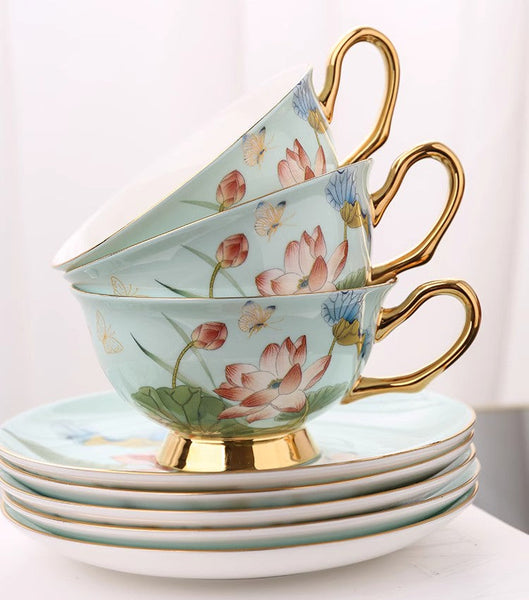 Unique British Tea Cup and Saucer in Gift Box, Lotus Flower Porcelain Tea Cup Saucer Set, Elegant British Ceramic Coffee Cups-LargePaintingArt.com