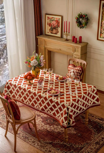 Holiday Red Tablecloth for Dining Table, Rabbit Pattern Table Cover for Dining Room Table, Modern Rectangle Tablecloth for Oval Table-LargePaintingArt.com