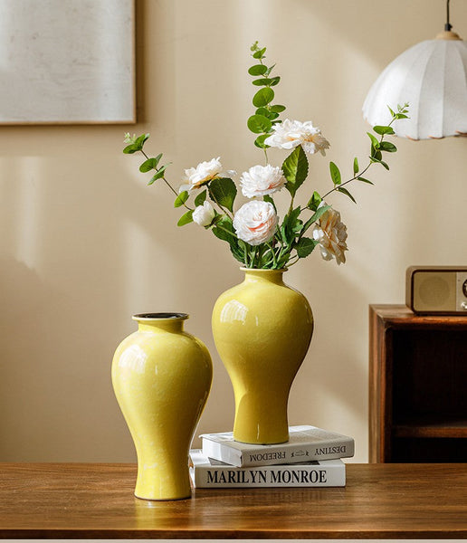 Porcelain Flower Vases, Handmade Water Holding Flower Vase, Yellow Flower Vases on Table, Ceramic Bud Vases-LargePaintingArt.com