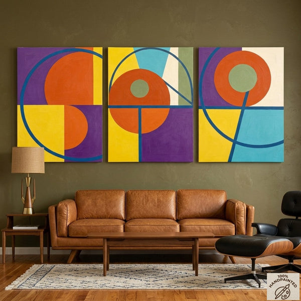 Geometric Pattern Contemporary Artwork, Abstract Paintings for Mid Century Modern Living Room, Multi Panel Canvas Art-LargePaintingArt.com