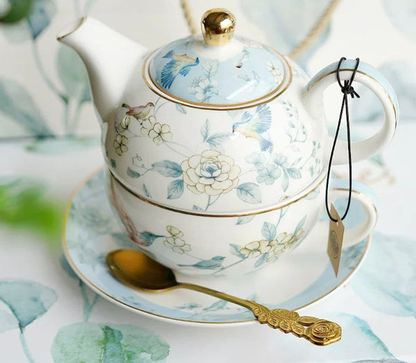 Stackable Teapot and Cup Set, Ceramic Tea Pot with Integrated Cup, Porcelain Teapot with Matching Cup and Saucer in Gift Box, Mother-and-Baby Teapot with Matching Saucer-LargePaintingArt.com