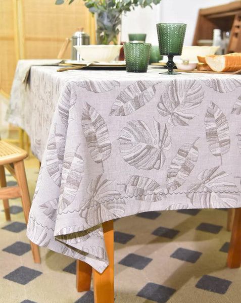 Monstera Leaf Modern Table Cloths for Kitchen, Simple Contemporary Grey Cotton Tablecloth, Large Rectangle Table Covers for Dining Room Table, Square Tablecloth for Round Table-LargePaintingArt.com