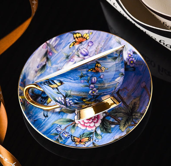Blue Bird and Butterfly Porcelain Tea Cup Saucer Set, 7.4 oz British Tea Cup and Saucer in Gift Box, Elegant British Ceramic Coffee Cups-LargePaintingArt.com