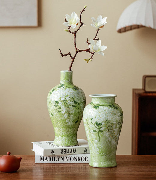 Centerpiece Ceramic Bud Vases, Large Flower Vases on Table, Green Porcelain Flower Vases, Handmade Water Holding Flower Vase-LargePaintingArt.com