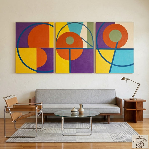 Geometric Pattern Contemporary Artwork, Abstract Paintings for Mid Century Modern Living Room, Multi Panel Canvas Art-LargePaintingArt.com