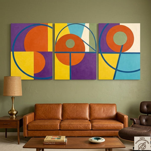 Geometric Pattern Contemporary Artwork, Abstract Paintings for Mid Century Modern Living Room, Multi Panel Canvas Art-LargePaintingArt.com
