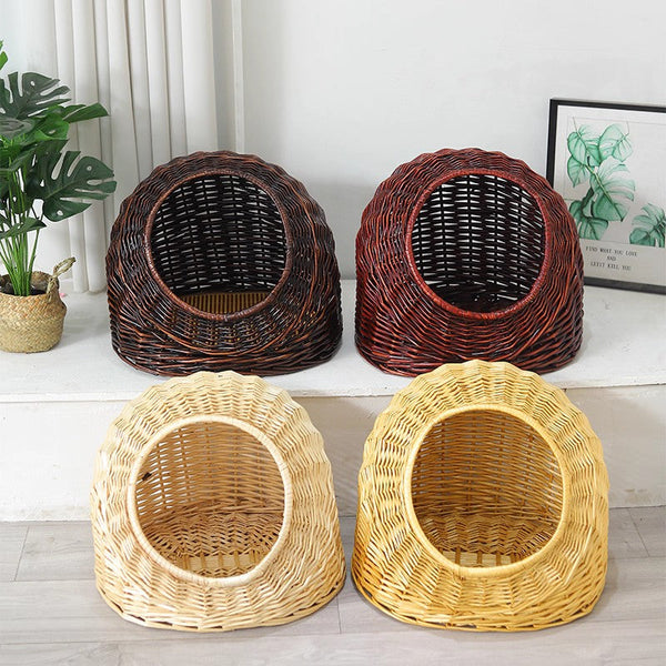 Hand woven Rattan Cat Bed, Natural Wicker Cat House Basket with Washable Cushion for Indoor Cats and Dogs-LargePaintingArt.com