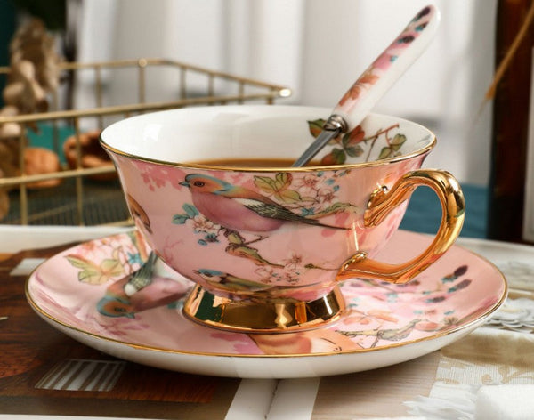 Unique Tea Cup and Saucer in Gift Box, Lovely Birds Ceramic Cups, 8 oz Ceramic Coffee Cups, Afternoon Porcelain Tea Cup Set-LargePaintingArt.com