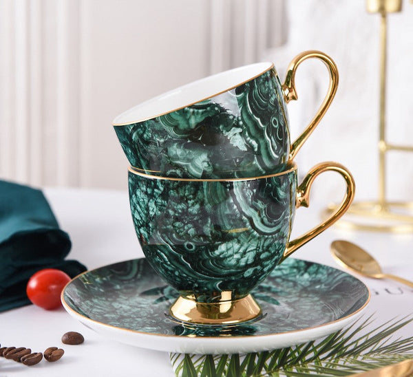 Beautiful British Green Tea Cups, Unique Porcelain Cup and Saucer, Royal Ceramic Coffee Cups, Creative Bone China Porcelain Tea Cup Set-LargePaintingArt.com