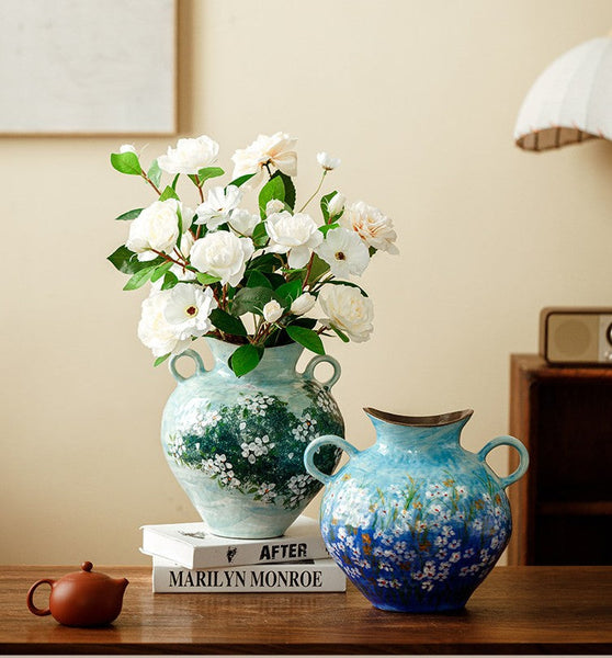 Large Flower Vases on Table, Modern Pottery Flower Vases, Centerpiece on Dining Table, Handmade Water Holding Flower Vases, Pottery Bud Vases-LargePaintingArt.com
