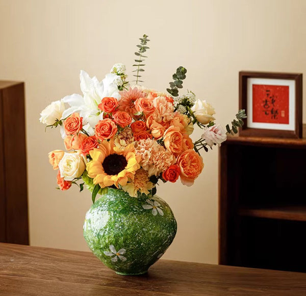 Centerpiece on Dining Table, Handmade Water Holding Flower Vases, Modern Pottery Flower Vases, Pottery Bud Vases, Large Green Flower Vases on Table-LargePaintingArt.com