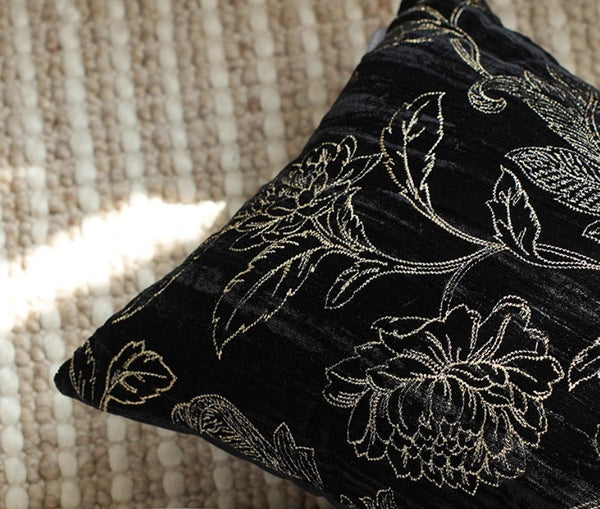 Contemporary Modern Sofa Pillows, Black Embroidery Flower Pattern Pillows for Couch, Decorative Throw Pillows for Bedroom, Large Modern Sofa Pillow for Dining Room-LargePaintingArt.com