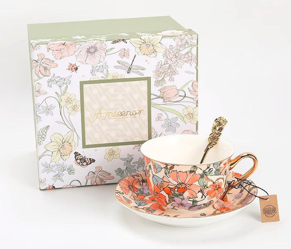 Elegant Ceramic Coffee Cups, Flower Porcelain Tea Cup Saucer Set, British Royal Ceramic Cups for Traditional Afternoon Tea, Unique Tea Cup and Saucer in Gift Box-LargePaintingArt.com