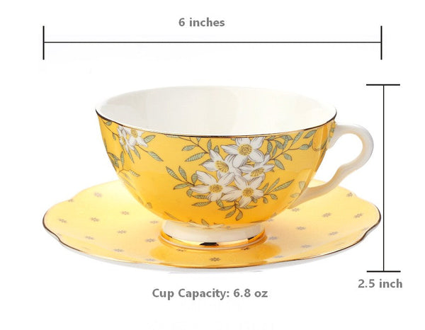 Creative Yellow Ceramic Coffee Cups, Unique Flower Coffee Cup and Saucer, Beautiful British Tea Cups, Creative Porcelain Tea Cup Set-LargePaintingArt.com