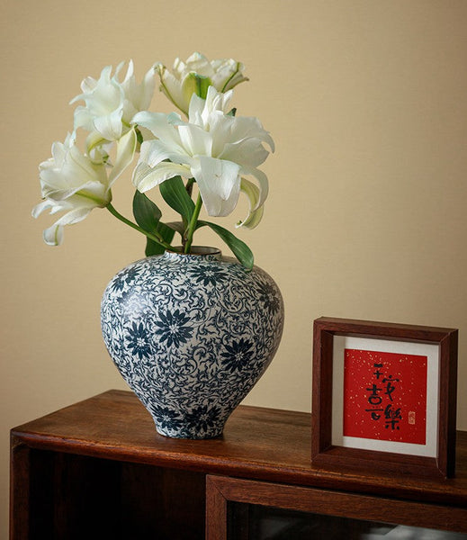 Centerpiece on Dining Table, Large Blue Flower Vase on Table, Vintage Bouquet Flower Vases, Handmade Porcelain Flower Vases Urn, Water Holding Flower Vases-LargePaintingArt.com
