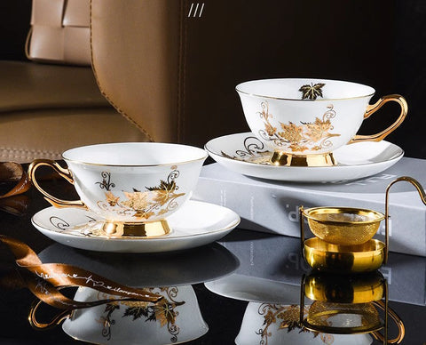 Elegant British Ceramic Coffee Cups, Golden Leaves and Grapes Bone China Porcelain Tea Cup Set, Unique British Tea Cup and Saucer in Gift Box-LargePaintingArt.com