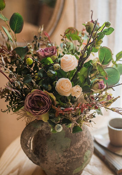 Eucalyptus leaves, Rose, Ranunculus Asiaticus Flowers, Beautiful Modern Flower Arrangement for Living Room, Ctreative Artificial Floral for Home Decoration-LargePaintingArt.com