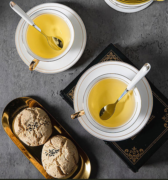 Porcelain Tea Cup Saucer Set, White Ceramic Cups, 7.8 oz British Ceramic Coffee Cups, Unique Tea Cup and Saucer in Gift Box-LargePaintingArt.com