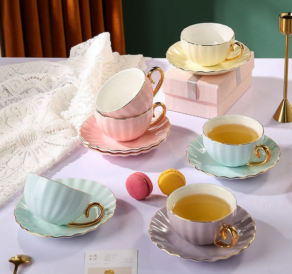 Beautiful British Tea Cups, Creative Porcelain Tea Cup Saucer Set of 2 Cups, Elegant Macaroon Ceramic Coffee Cups, 6.8 oz Tea Cup and Saucer in Gift Box as Birthday Gift-LargePaintingArt.com