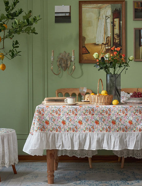 Extra Large Rectangle Tablecloth for Dining Room Table, Natural Spring Flower Farmhouse Table Cloth, Flower Pattern Cotton Tablecloth, Square Tablecloth for Round Table-LargePaintingArt.com