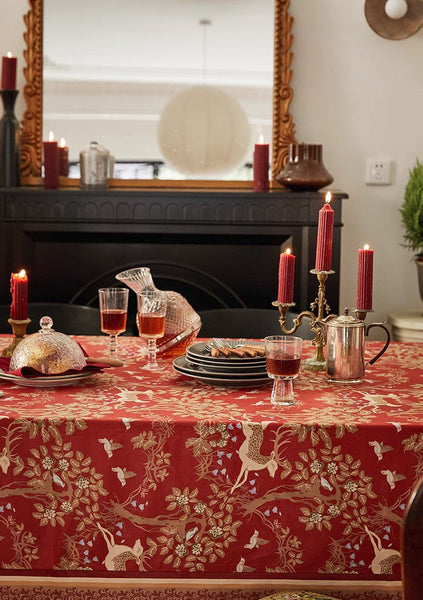 Forest Deer Red Table Covers, Square Tablecloth for Kitchen, Long Modern Rectangular Tablecloth for Dining Room Table, Extra Large Tablecloth for Round Table-LargePaintingArt.com