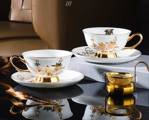 Elegant British Ceramic Coffee Cups, 7.4 oz Golden Leaves and Grapes Porcelain Tea Cup Saucer Set, Unique British Tea Cup and Saucer in Gift Box-LargePaintingArt.com