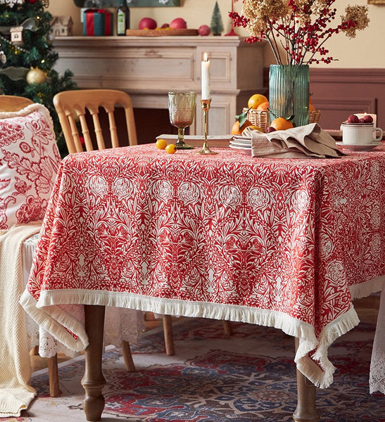 Large Fiberflax Rectangle Tablecloth for Home Decoration, Red Flower Pattern Tablecloth for Holiday Decoration, Square Tablecloth for Round Table-LargePaintingArt.com