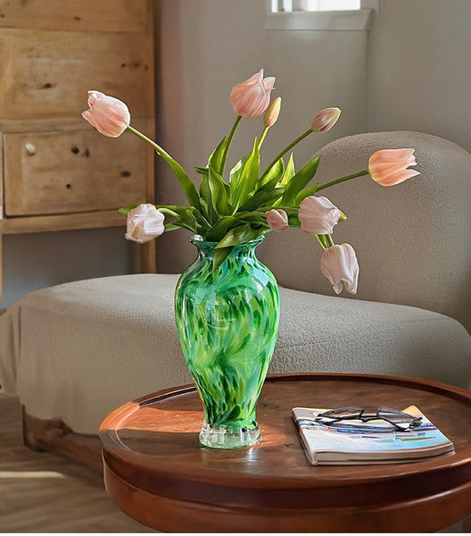 Large Green Glass Flower Vases, Modern Glass Flower Vases, Water Holding Flower Vases, Handmade Flower Vases on Table-LargePaintingArt.com